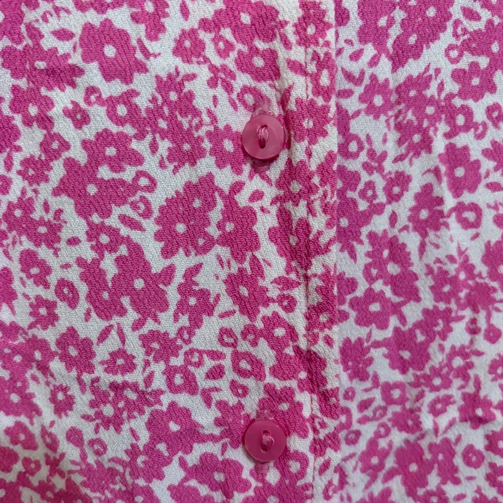 Ditzy Floral Midi Dress Pink White Button Down Front Smocked Back Boho Cottage - Picture 9 of 12